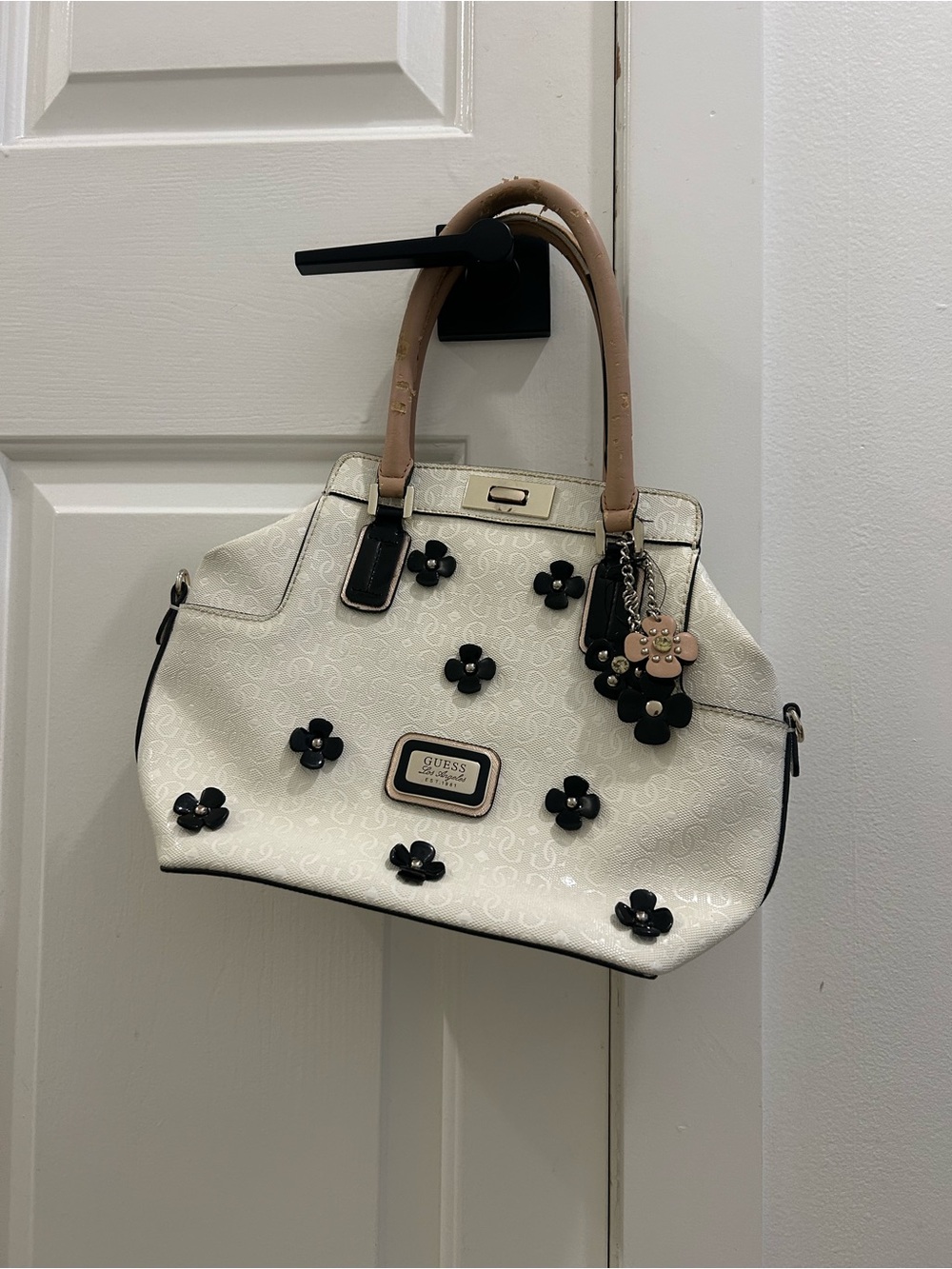 Guess Floral Appliqué Satchel in Cream and Tan